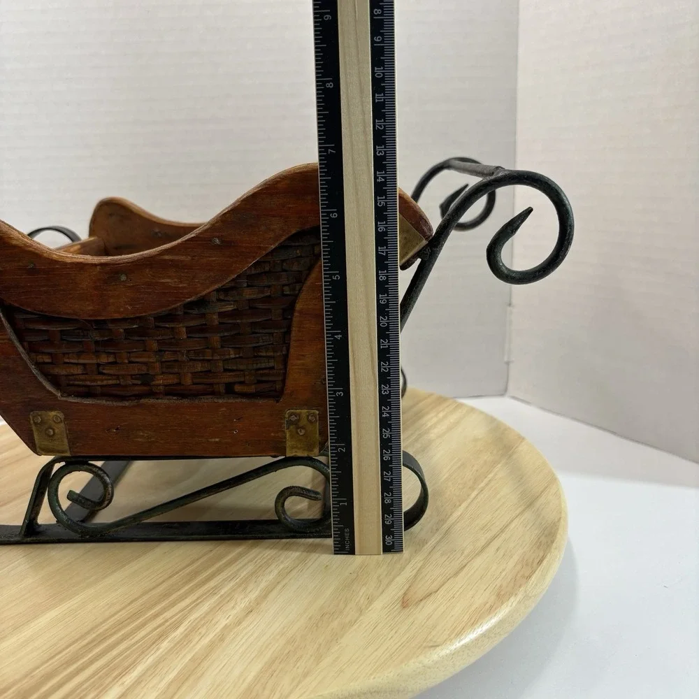 Wood Wicker & Metal Sleigh Storage Basket Small Brown/Black Handle Christmas